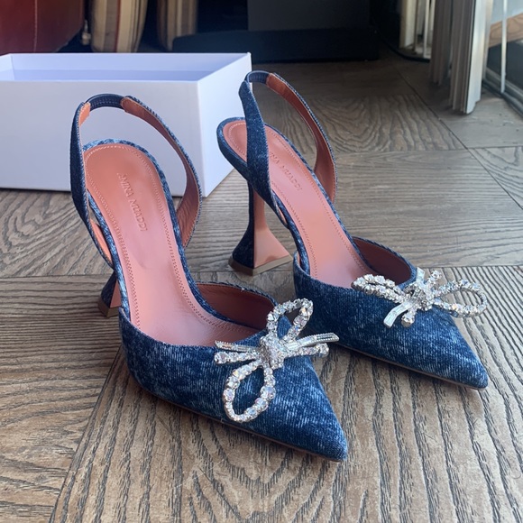Amina Muaddi Shoes - Amina Muaddi Rosie 95MM Crystal Bow Denim Slingback Pumps Denim Acid 7.5 begum
